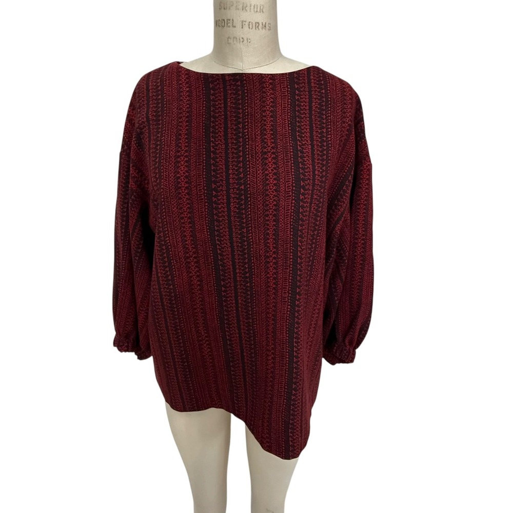 Marimekko Tessa Blouse Women 42 Burgundy Black Geometric Stripe Balloon Sleeve